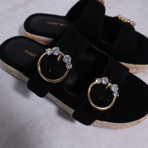 Stuart Weitzman Crystal Espadrille Flat Sandals Black Suede size 5
